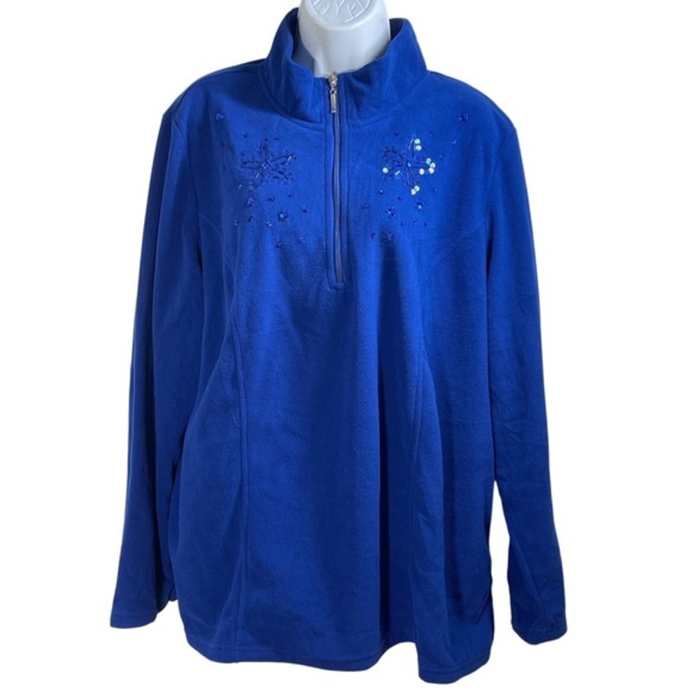Royal Blue Fleece 1/4 Zip Pullover Snowflake Sequin Embellished 2X‎ vintage